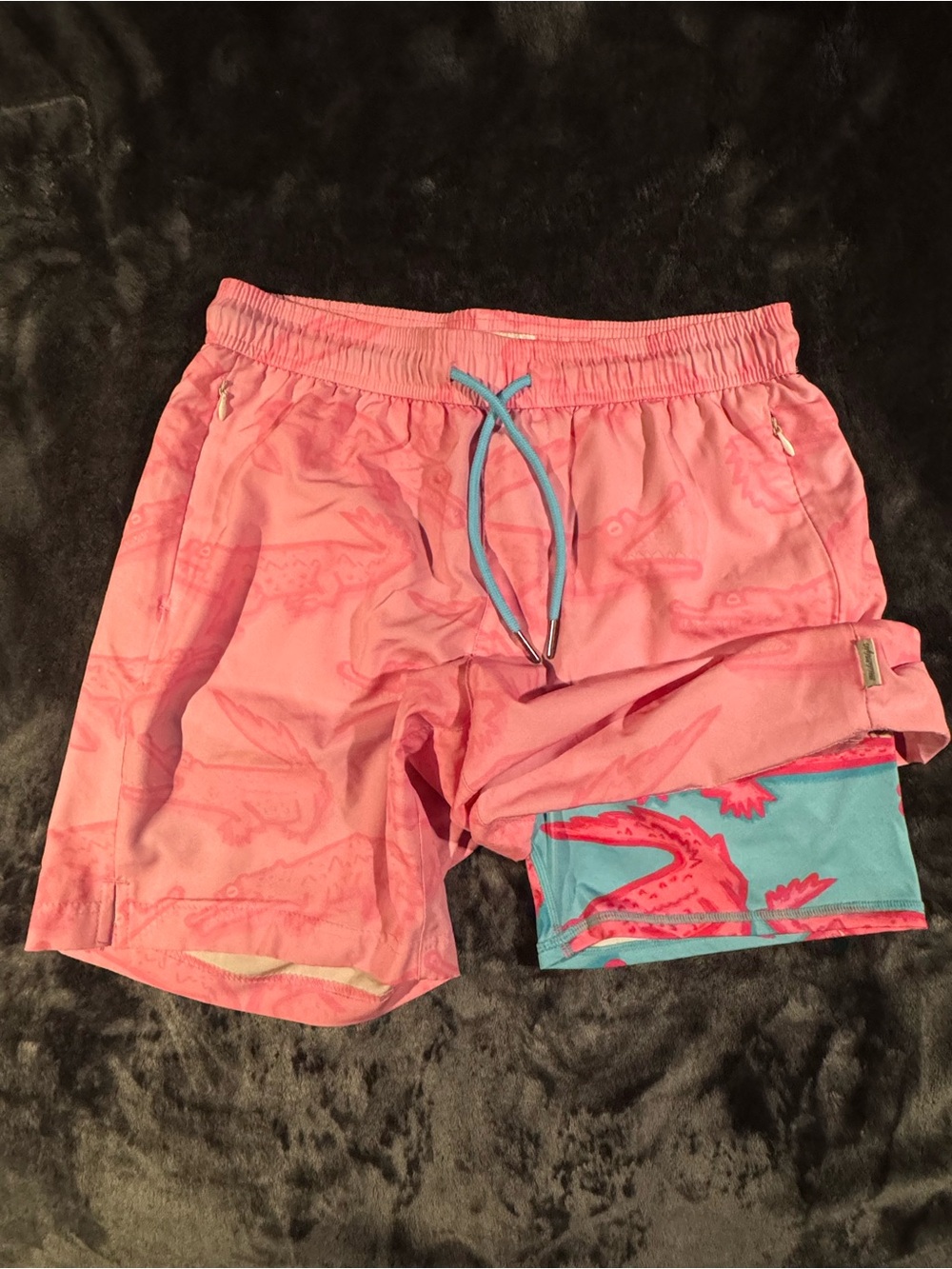 Pink Swim Trunks with Aqua Drawstring
